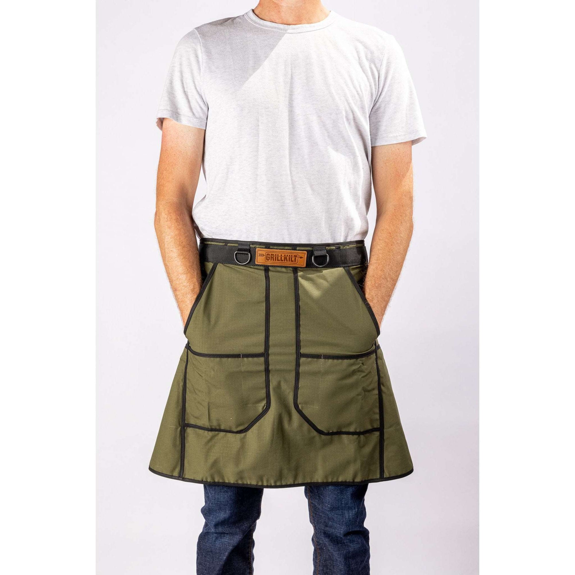 GRILLKILT GRILL APRON IN OLIVE GREEN COLOR. GRILL KILT GRILLING APRON #GRILL #KILT #APRON #GRILLING #CHEF #BBQ